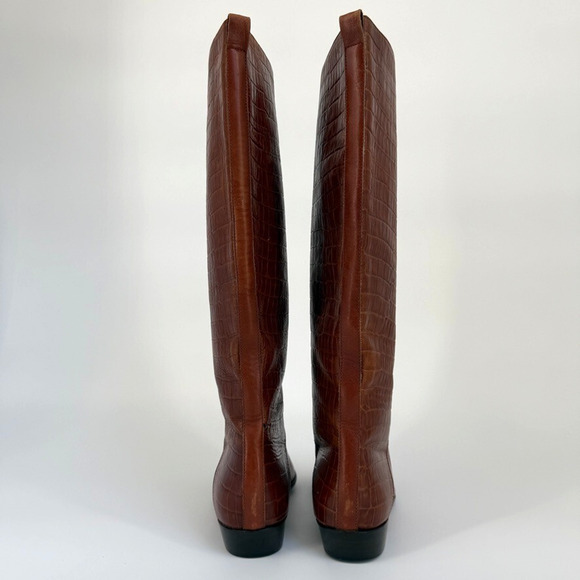 Vtg Saks Fifth Avenue Boots Sz 7.5 Brown Leather Tall Riding Flat Croc Embossed - Picture 5 of 12